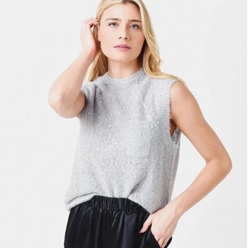 Atm Sequin Crew Neck Sleeveless Sweater Grey L Large Nwt